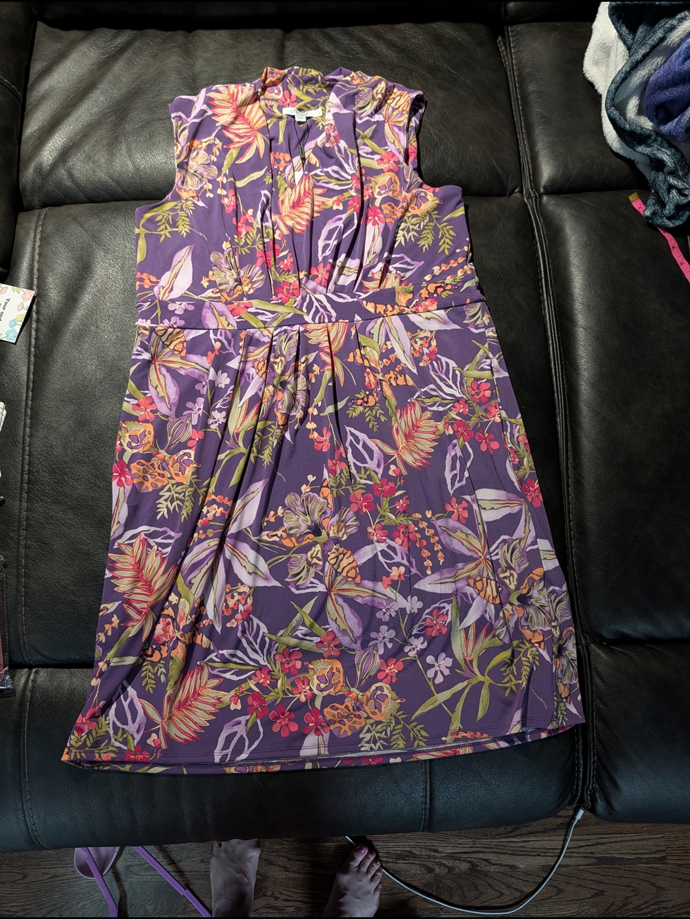 NWT Chico's Purple Floral V-Neck Dress with Multicolor Blooms